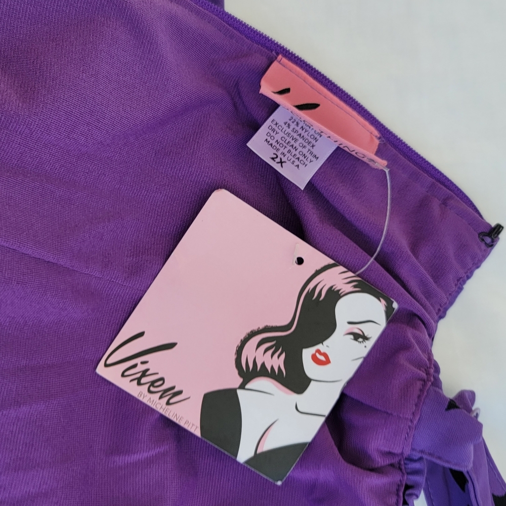 Vixen By Micheline Pitt Maneater Wiggle Dress In Purple Bat Print Miss Kitty - Picture 5 of 9